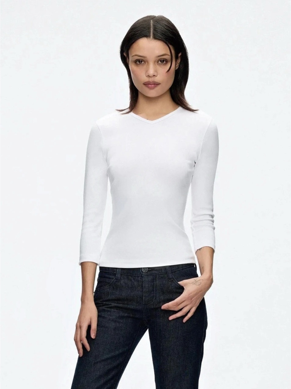Tank Air Eternal Quarter Sleeve High V Neck Top in Milk - Medium